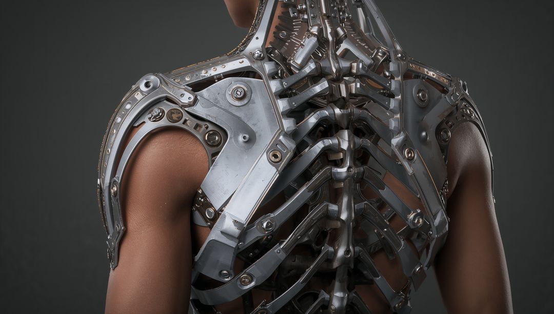 Cybernetic Exoskeleton Backplate on Male Torso Showing Ribbed Mechanical Spine and Armor