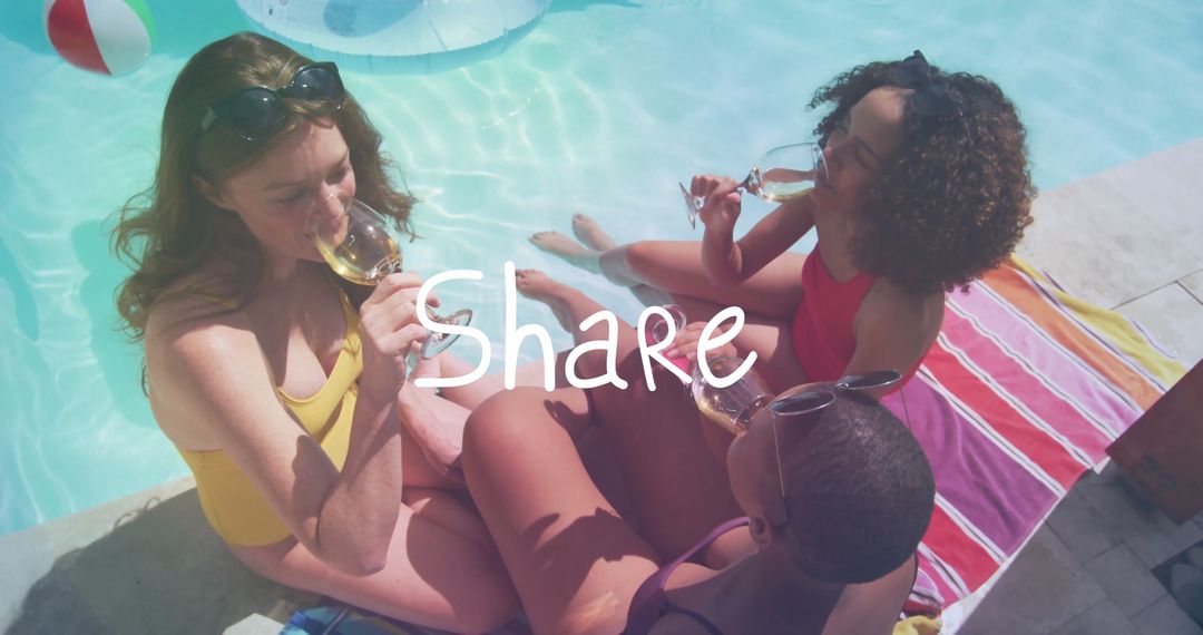 Friends Enjoying Poolside Conversation with Wine