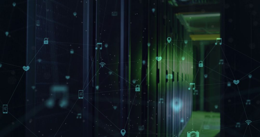 Digital Network Connections in Server Room with Data Icons