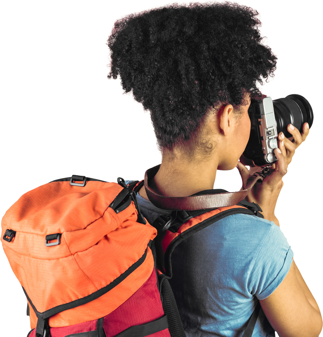 Rear View of African American Hiker with Orange Backpack Taking Picture - Download Free Stock Images Pikwizard.com