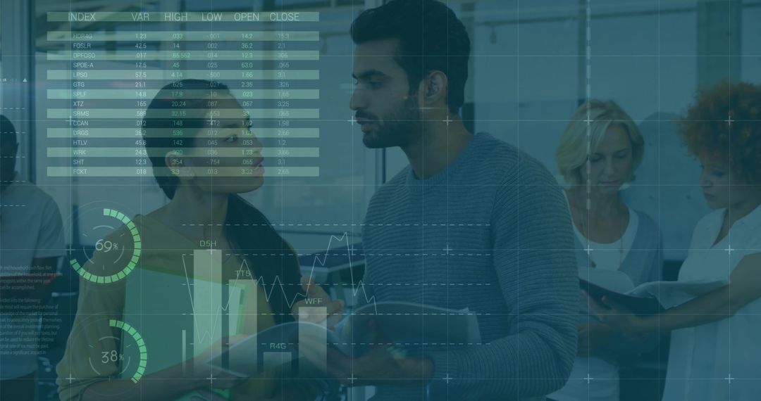 Business Professionals Engaged in Data Analysis with Overlays