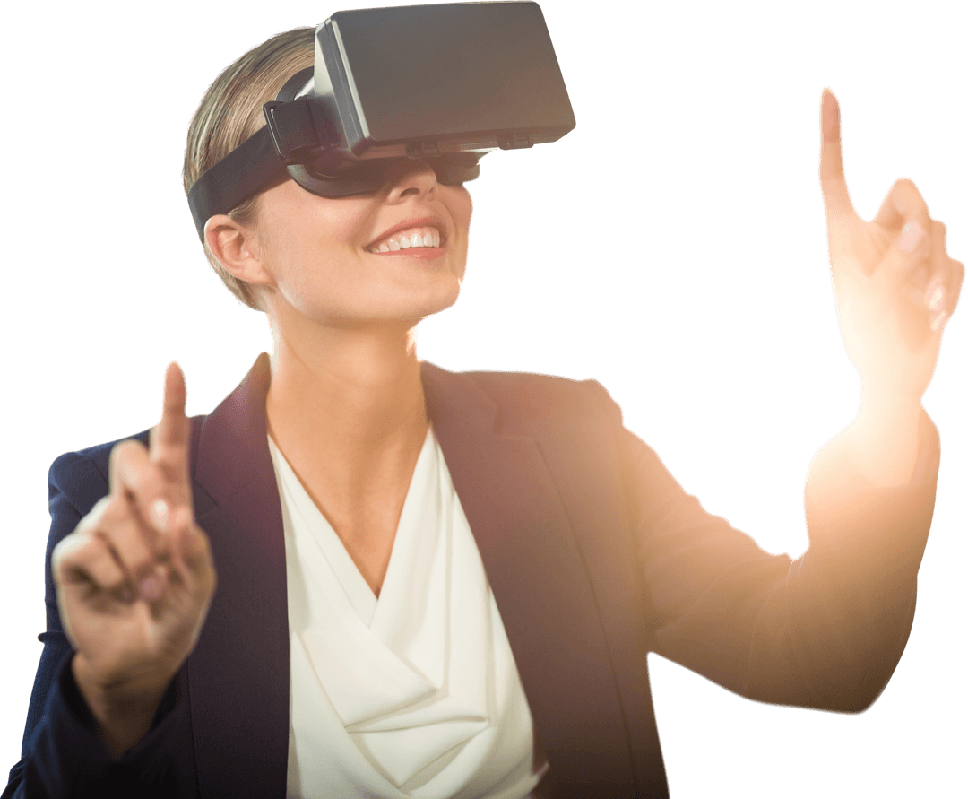 Caucasian Businesswoman Engaging with Virtual Reality on Transparent Background