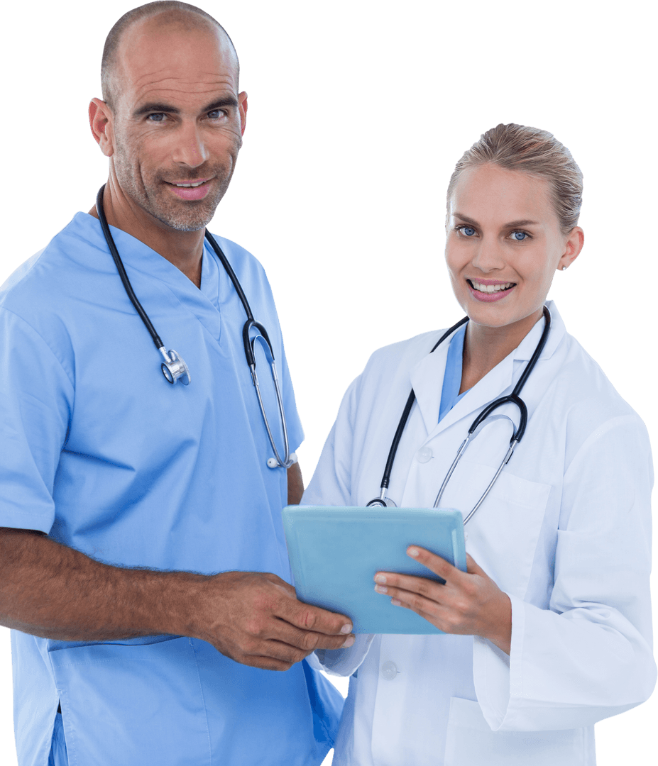 Transparent Background Medical Team with Digital Tablet Smiling