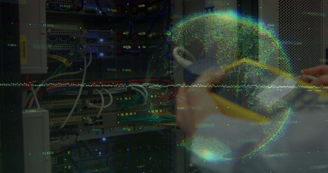 Engineer Working in Server Room with Data Overlay