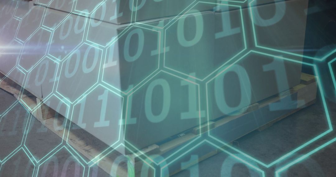 Cardboard Boxes in Warehouse with Digital Binary Overlay