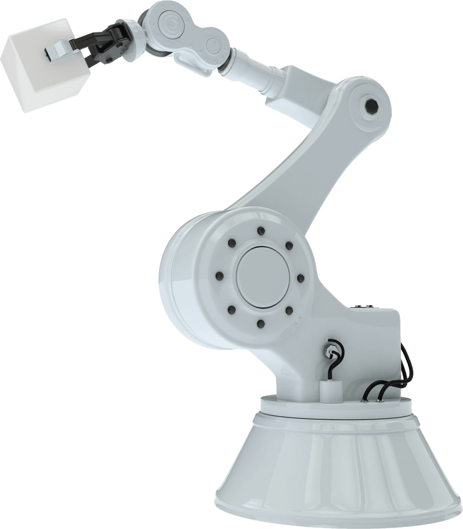 Transparent Industrial Robot Arm Holding Cube