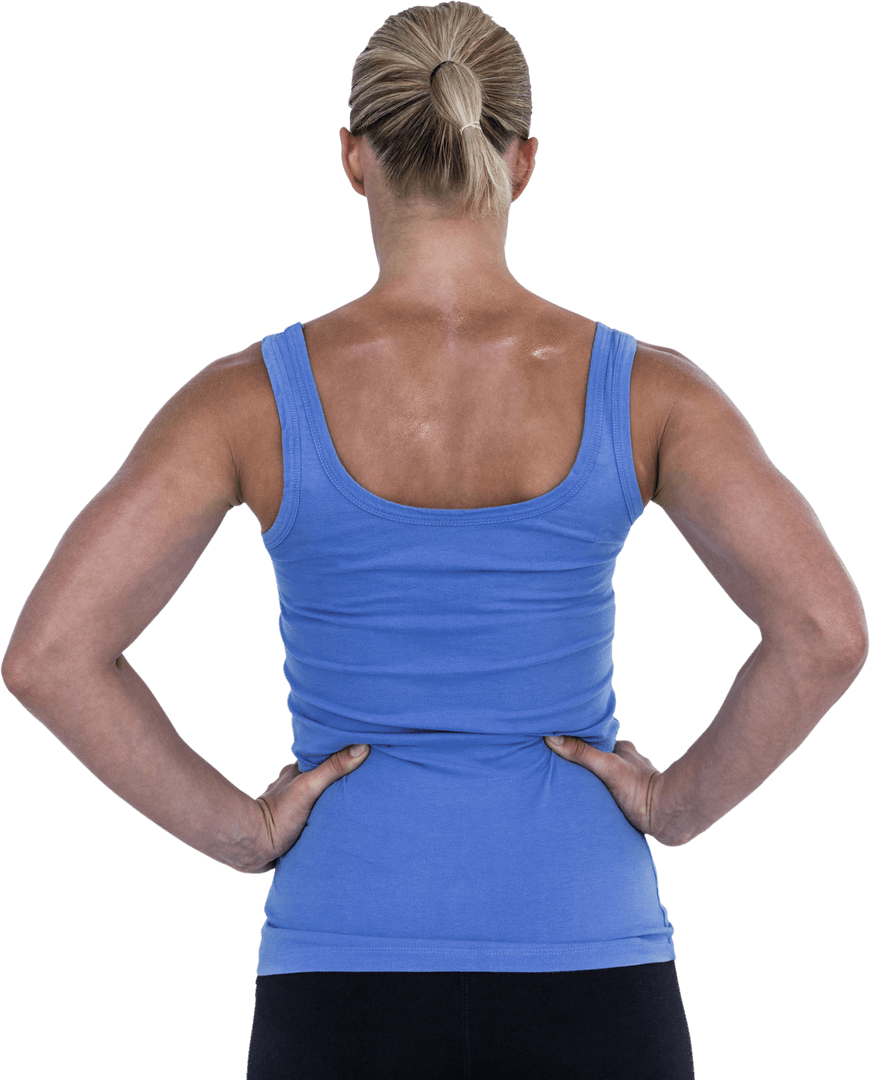 Transparent Back View of Muscular Woman in Blue Tank Top