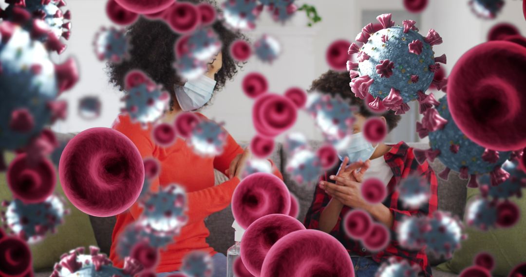 Mother and Son with Masks and Virus Particles Illustrations