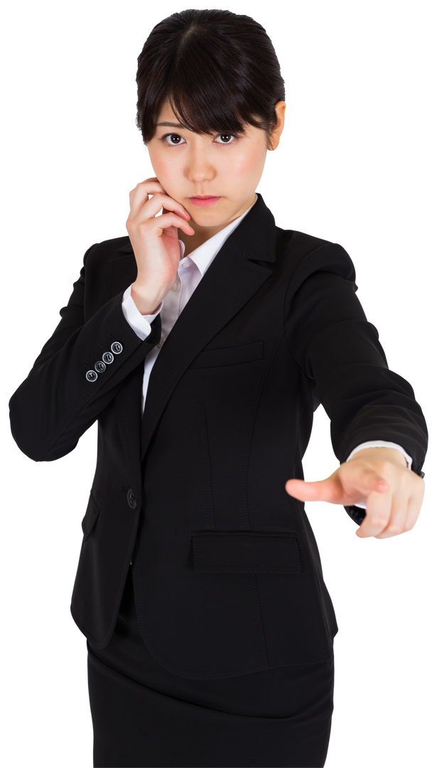 Serious Asian Businesswoman Standing with Pointing Gesture on Transparent Background - Download Free Stock Images Pikwizard.com