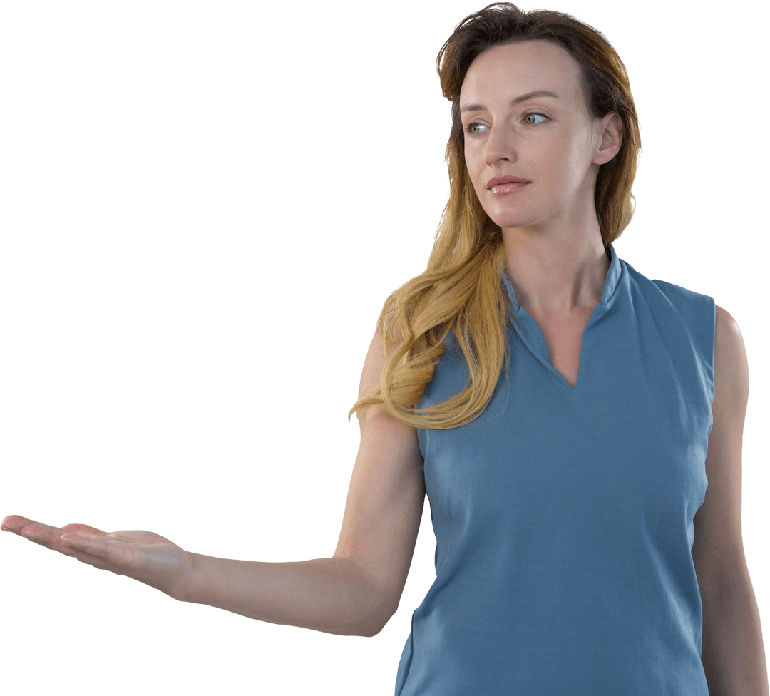 Businesswoman Gesturing with Hand Out on Transparent Background