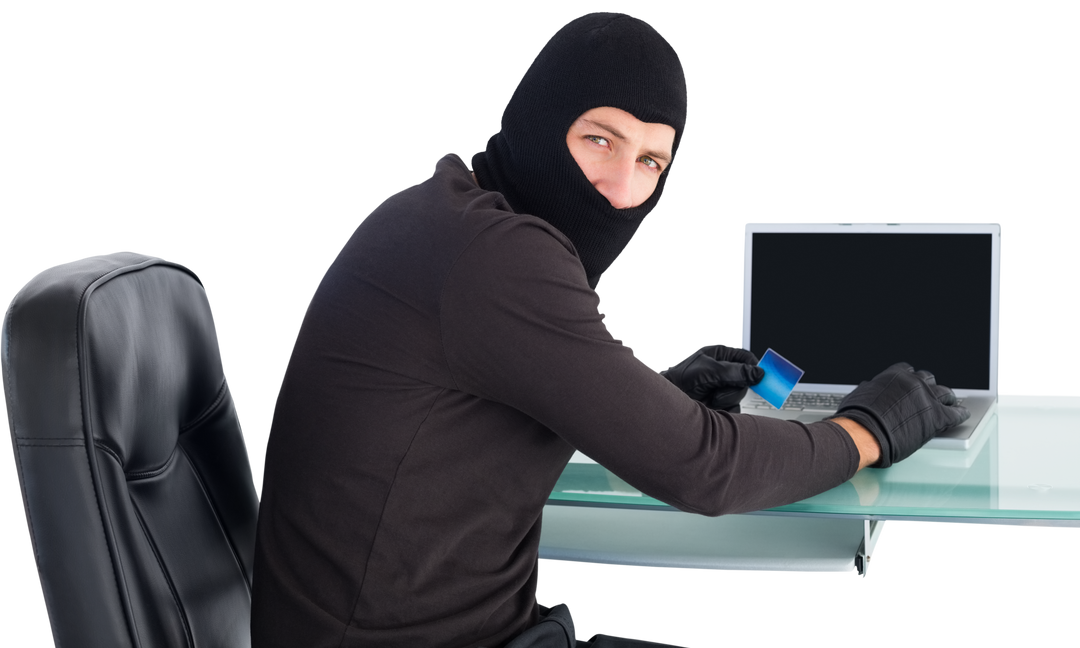 Burglar Using Laptop for Online Credit Card Fraud on Transparent Background - Download Free Stock Images Pikwizard.com