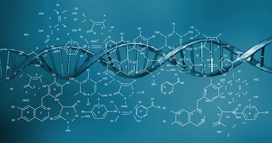 DNA Strand with Molecular Formulas Depicts Genetic Science Research
