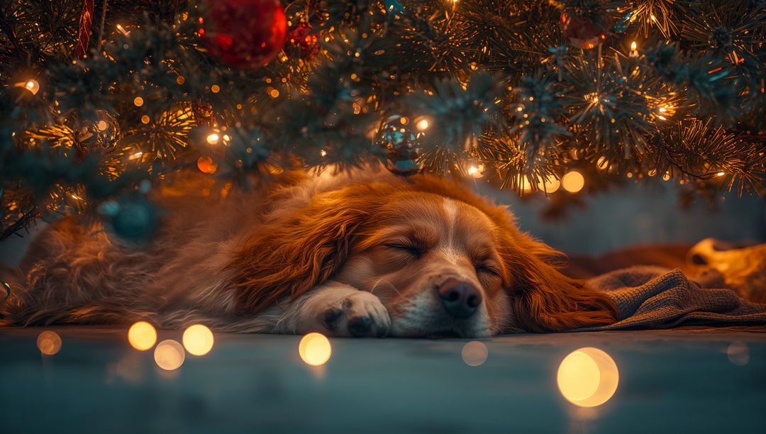 Sleepy dog nestled under christmas tree with glowing lights