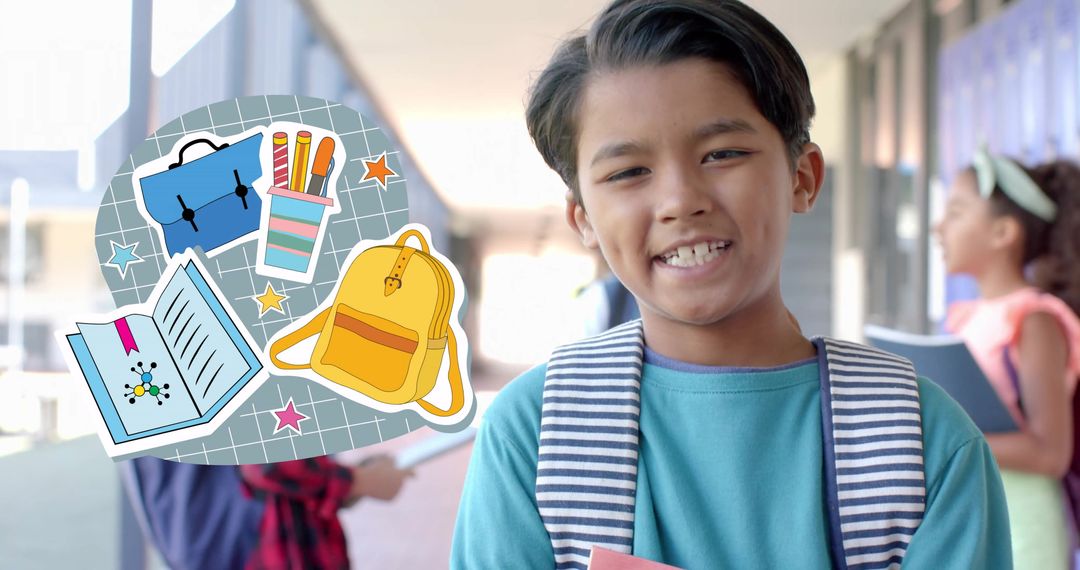 Smiling Student in School Hallway with Back to School Supplies