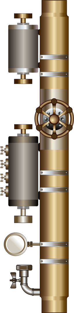 Industrial Pipeline with Brass Clamps on Transparent Background