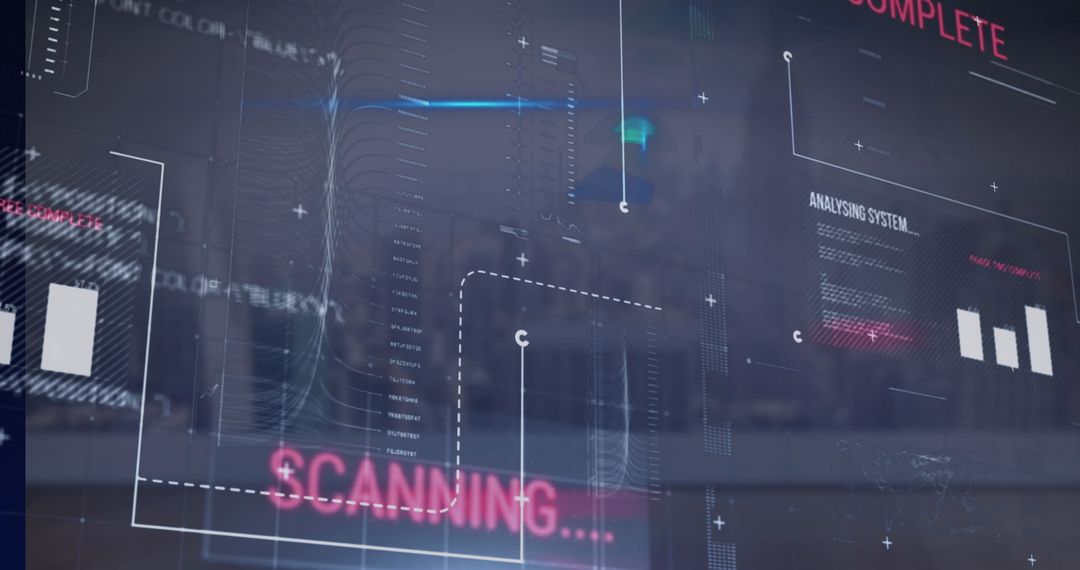 Futuristic Data Processing Digital Interface Overlaying Cityscape