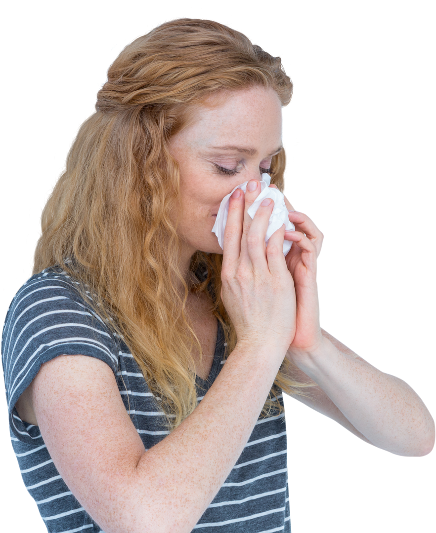 Transparent View of a Blonde Woman Blowing Nose into Handkerchief - Download Free Stock Images Pikwizard.com