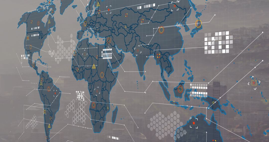 High-Tech World Map Interface over City