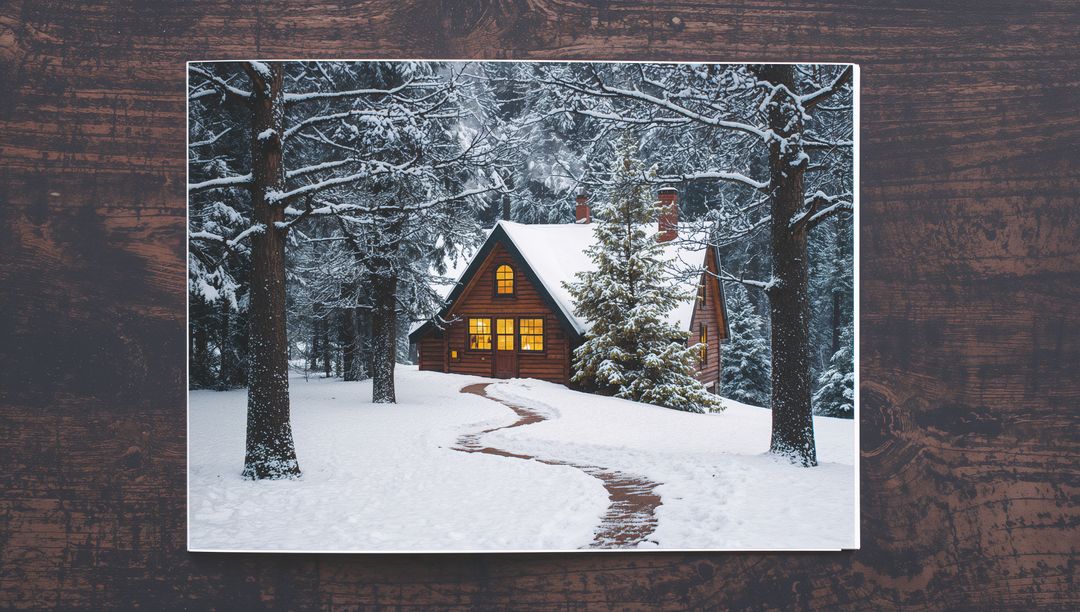 Cozy Snow-Covered Cabin with Warm Glowing Windows in Twilight Forest, Winding Snowy Path