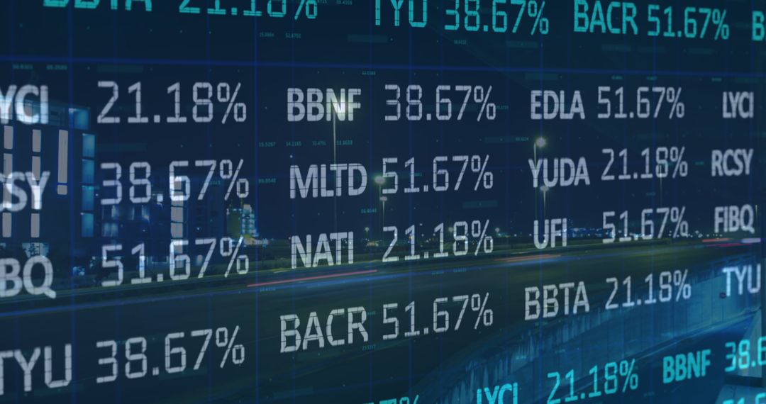 Stock Market Data and Digital Interface Overlaying Cityscape