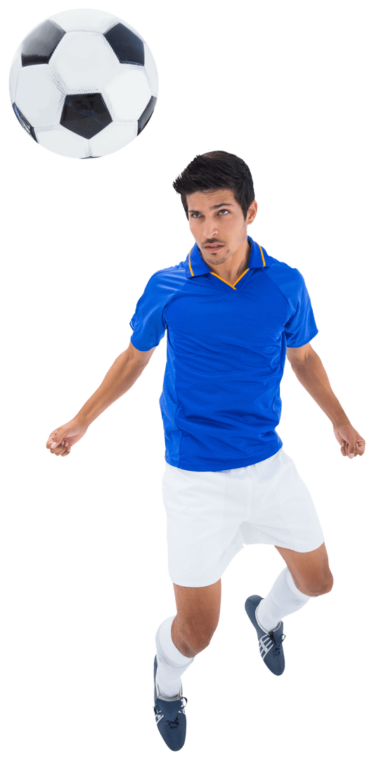 Dynamic Latino Football Player Jumping to Strike Ball on Transparent Background