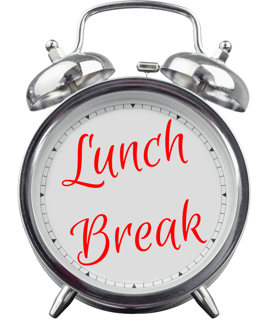 Transparent Alarm Clock Illustrating Lunch Break in Red Text