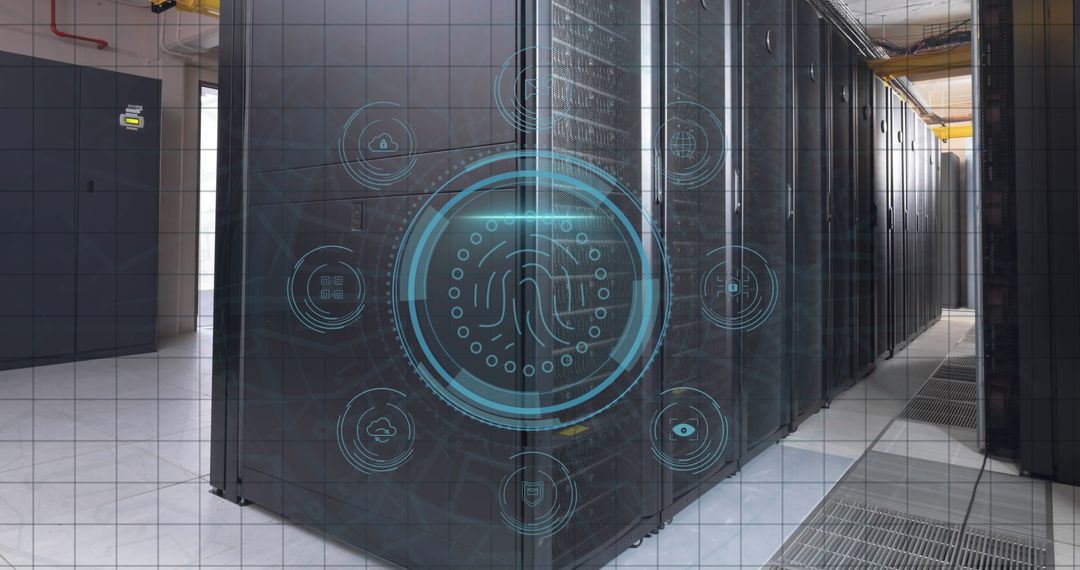Digital Fingerprint Biometric Icon Overlaying Data Server Room