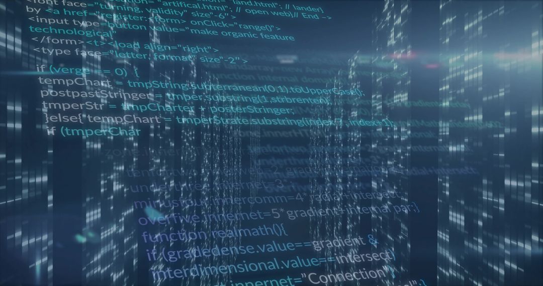 Futuristic Glowing Coding Snippets in a Digital Virtual Grid