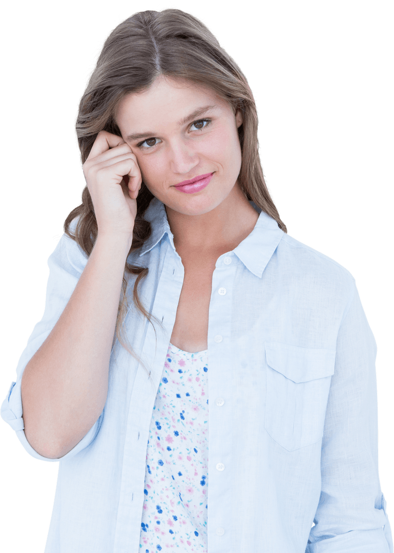 Young Woman Smiling with Finger on Temple on Transparent Background