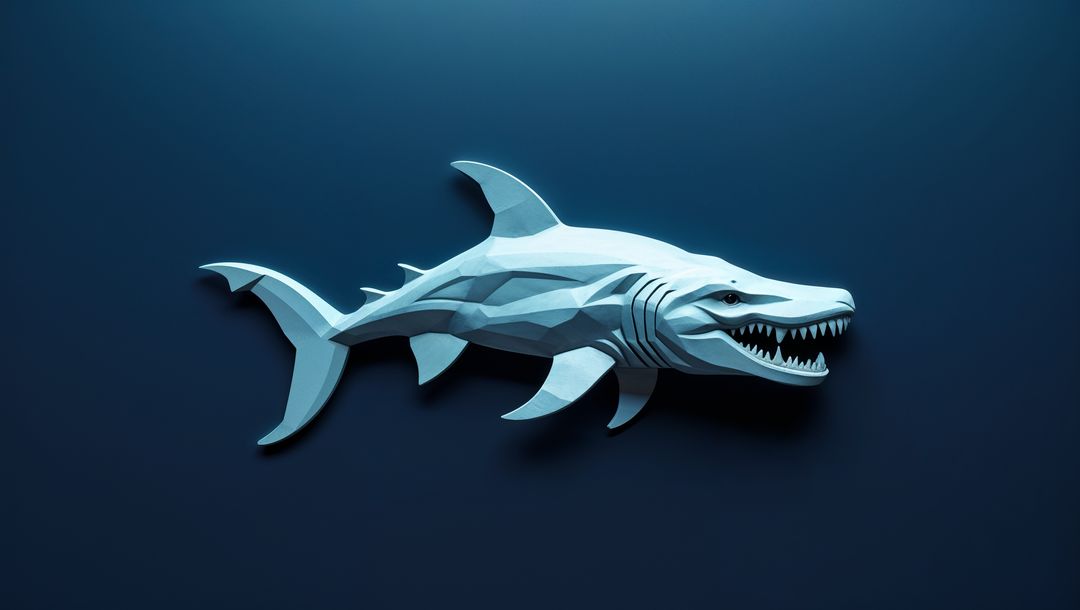 Stylized low-poly megalodon shark against dark blue gradient backdrop