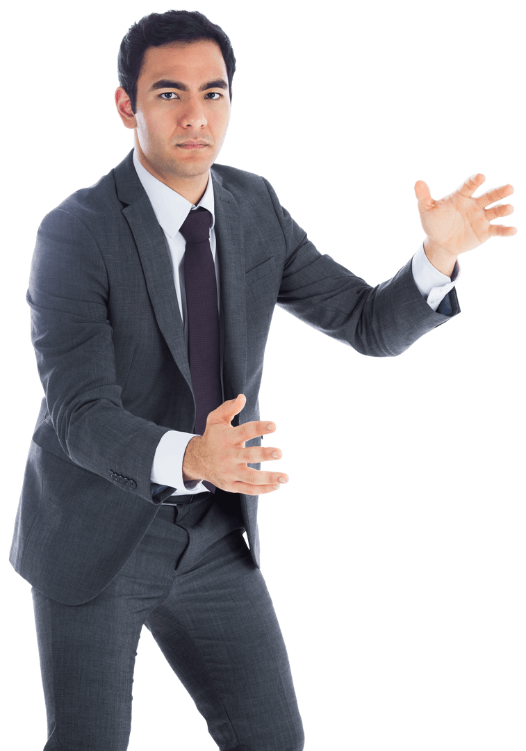 Focused Asian Businessman with Open Hands Transparent PNG