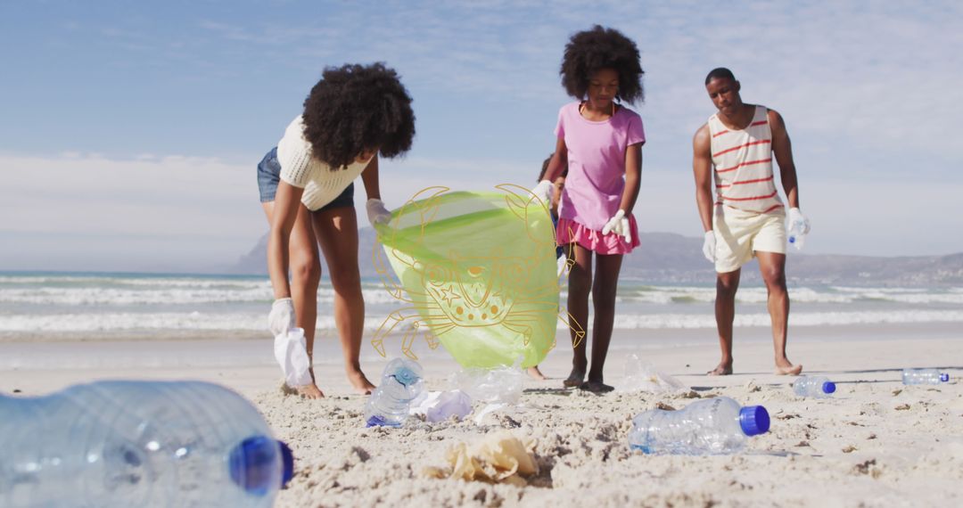 Diverse Volunteers Cleaning up Beach Litter for Environmental Conservation