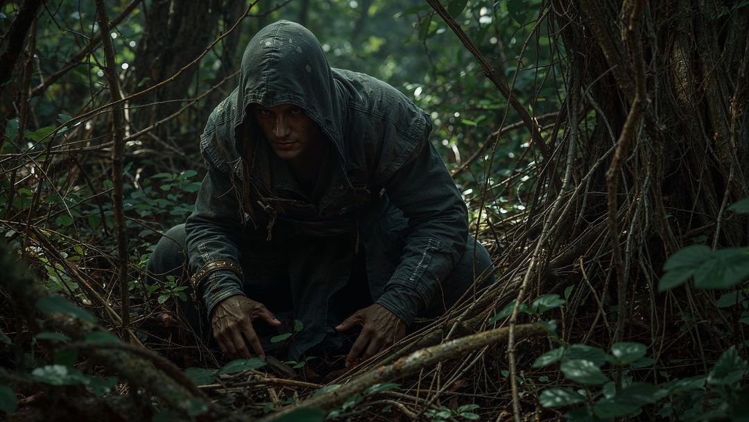 Mysterious hooded assassin figure crouching in dense forest