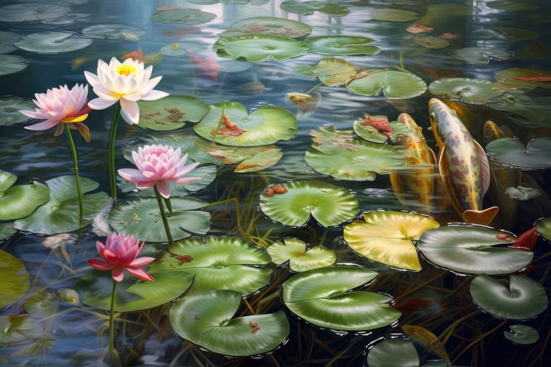 Serene Pond with Water Lilies and Koi Fish - Free Images, Stock Photos and Pictures on Pikwizard.com