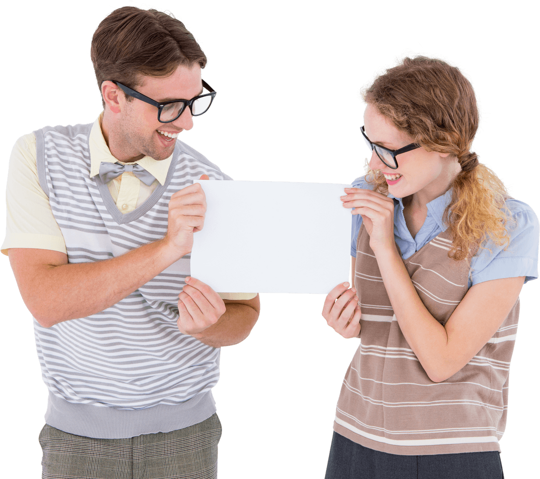 Transparent Laughing Geeky Couple Holding Blank Poster
