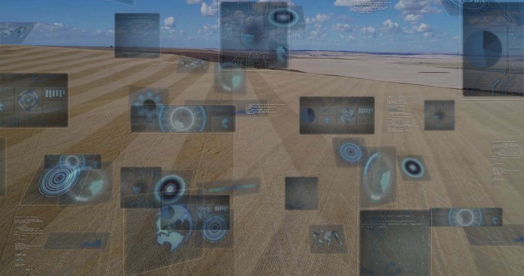 Floating Digital Panels with Data Overlays in arid Plain Scenery