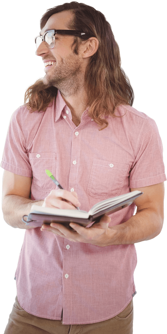 Transparent Cheerful Hipster Holding Notebook and Pen