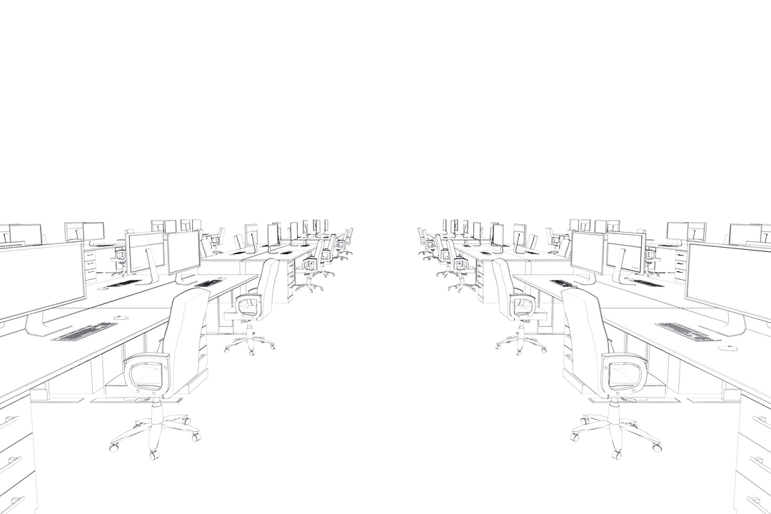 Transparent Open Space Office with Desks and Chairs