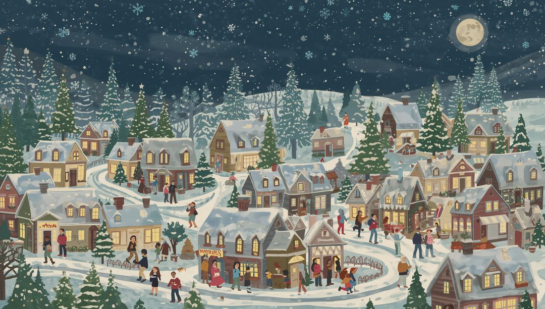 Moonlit Snowy Village at Night with Walking Villagers, Lit Cottages and Festive Market