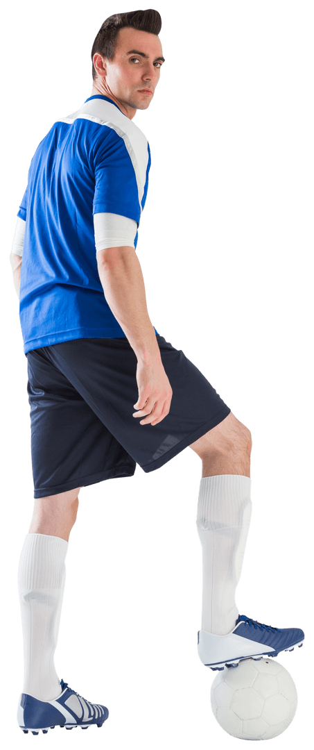 Athletic Man in Blue Soccer Kit with Ball on Transparent Background