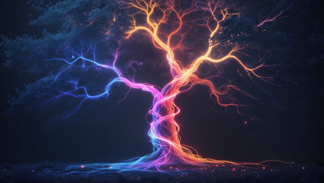 Neon dreaming tree radiating multicolor illumination in night forest