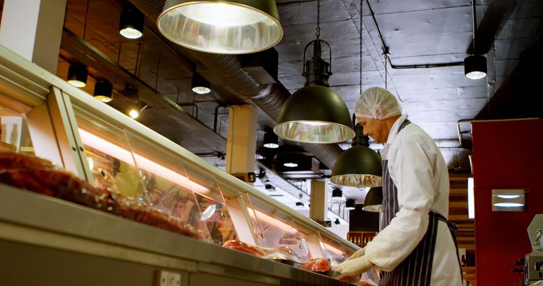 Butcher Arranging Meat in Supermarket Display Case with Precision - Free Images, Stock Photos and Pictures on Pikwizard.com