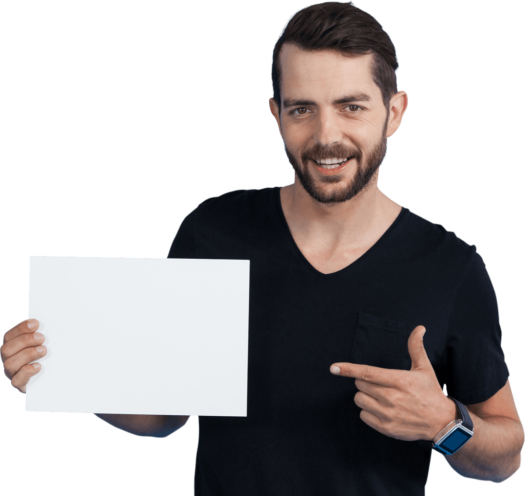 Young Man Holding Transparent Blank Cardboard and Gesturing
