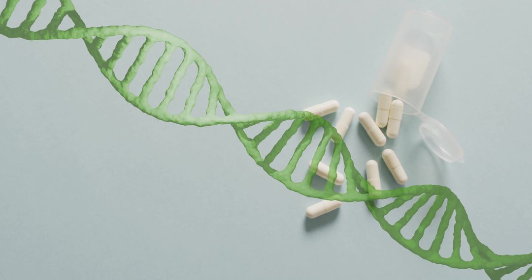 Digital DNA Strand with White Capsules on Blue Background