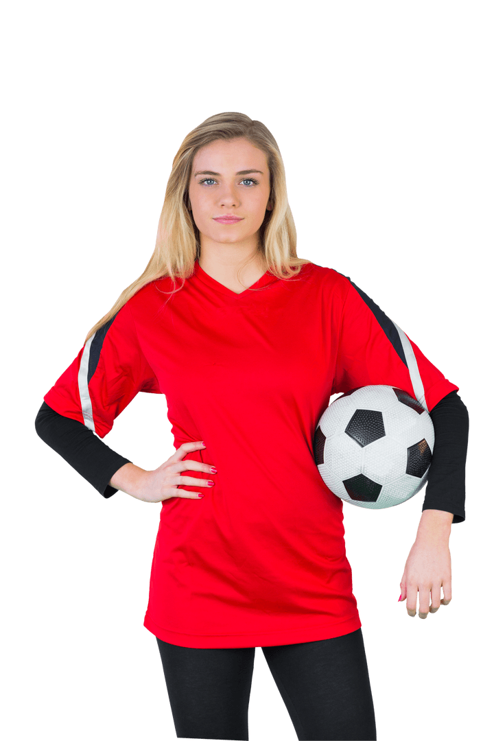 Determined Female Soccer Player Holding Ball Transparent Background