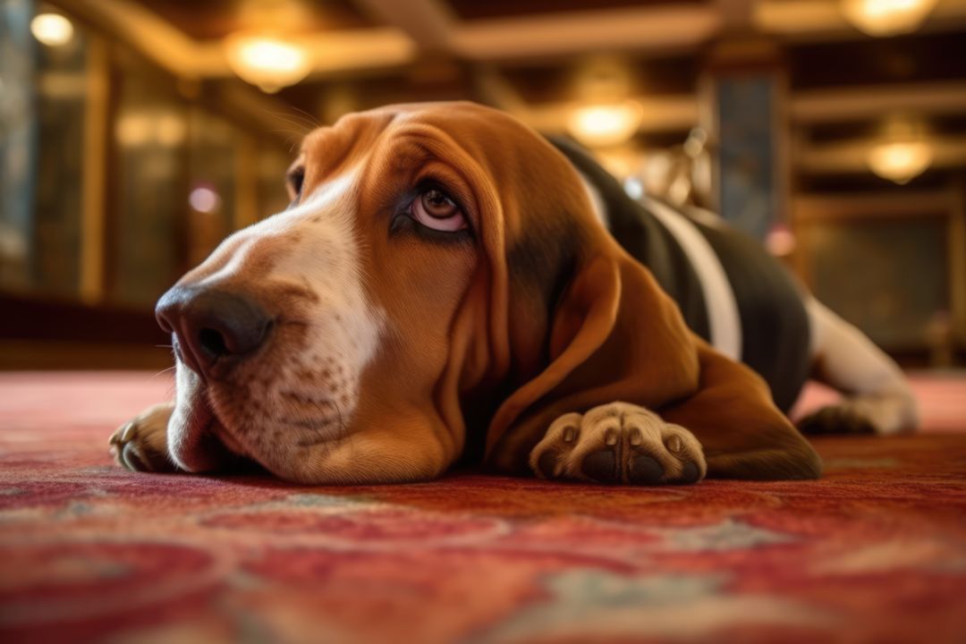 Portrait of cute basset hound lying on red carpet, created using generative ai technology - Free Images, Stock Photos and Pictures on Pikwizard.com