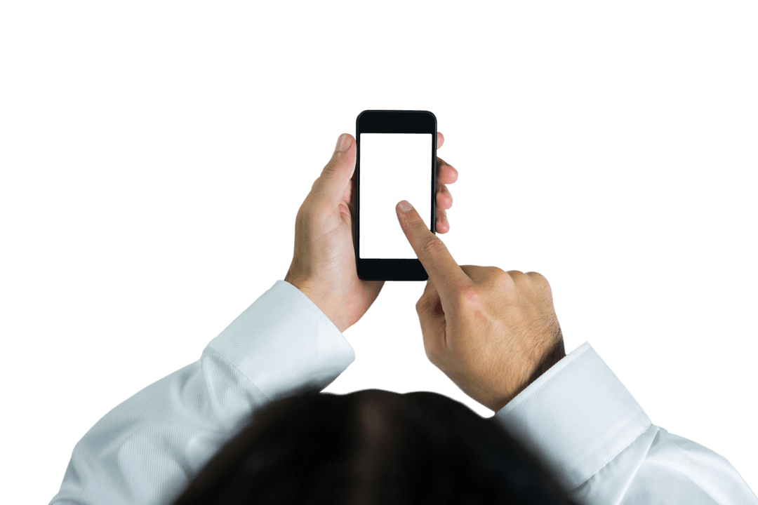 Businesswoman Interacting with Smartphone on Transparent Background