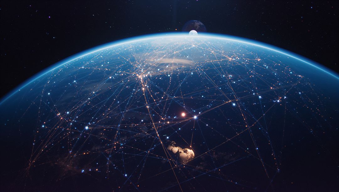 Futuristic Global Network Viewed from Space with Rising Moon