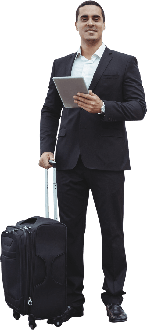 Confident Professional with Tablet and Luggage, Transparent Background