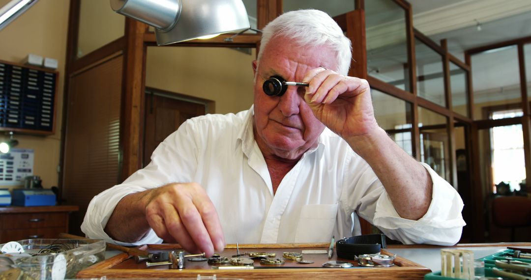 Elderly Watchmaker Fixing Timepieces in Workshop - Free Images, Stock Photos and Pictures on Pikwizard.com